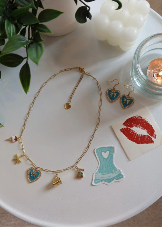 Set bijoux "Espresso" : collier à charms, boucles d'oreilles et tatouage éphémère bisous